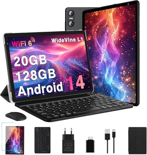 SEBBE Biegedy Tablet 10 Pulgadas Android 14, 20GB RAM + 128GB ROM (TF 1TB), Octa-Core, Widevine L1, WiFi 6/5 MP + 8 MP / 1280 * 800 Pixels/GMS/Bluetooth 5.0, Tablet con Teclado y Raton Negro