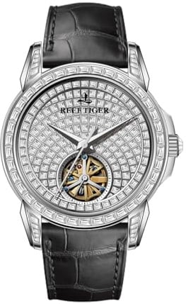 Reef Tiger Herren Luxus Uhr Brillant Zirkon Lünette Mechanisch Automatik Tourbillon Lederband Klassische Armbanduhr RGA1905, RGA1905-YWBD, Modern