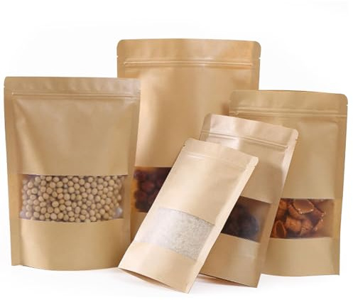 MORAINJAY 100P Bolsas de Kraft con Ventana y Cierre Hermético,10 * 15+3.5cm Bolsas de Papel Resellables para Café, Frutos Secos, Snacks y Té - 6 Tamaños,Base Ancha y Superficie para Escribir