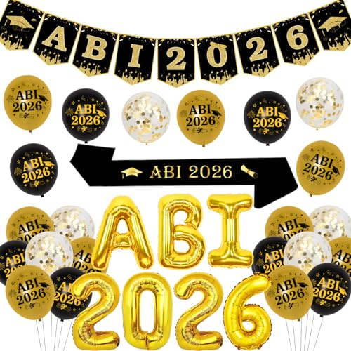 Fangleland ABI 2026 Deko Schwarz Gold, Abitur Deko 2026, Party Deko Bestandene Prüfung mit ABI Luftballons Banner Schärpe für Abschlussfeier Party Dekoration Graduierung Deko