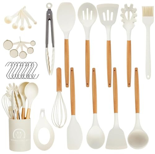 Omtofo Utensili Cucina Silicone - 33 Pezzi Utensili Da Mestoli Cucina Silicone Con Manico In Legno, Senza Bpa, Resistenti Al Calore E Antiaderenti, Con Supporto E Mestoli, Con Fori Per Appendere