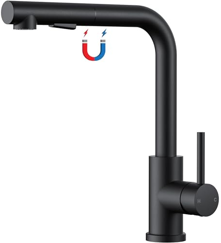 FORIOUS Robinet Cuisine, Mitigeur Cuisine avec Douchette Magnétique Extractible, 2 Modes de Pulvérisation et Rotation à 360°, Robinet Evier de Cuisine en Acier Inoxydable en Forme de L, Noir Mat