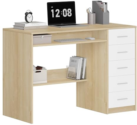 Hzuaneri Scrivania per Computer con 5 Cassetti, Scrivania Ufficio, Tavolo Moderno con Ripiano, per Studio, Ufficio, Camera da Letto, 50 x 108 x 75 cm, Quercia e Bianco CD10531X