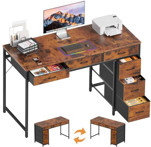 HLONONE Schreibtisch mit 6 Stoff Schubladen, 120cm Reversibler | Computertisch mit Stauraum, Modern PC Tisch für Office Wohnzimmer und Arbeitszimmer, Vintagebraun