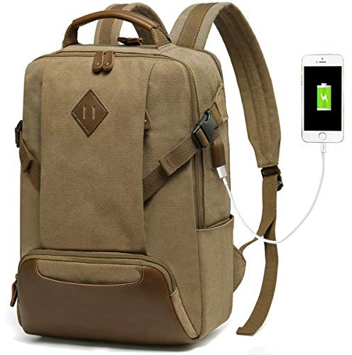 Kasgo Mochila Hombre Mujer, Mochila Viaje Lona Vintage Mochila Antirrobo Impermeable Mochila Portátil Ordenador 15.6 Pulgadas con USB Mochila Trabajo Casual Mochila Universidad Adolescente, Caqui