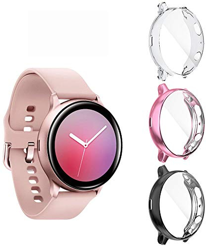 Diruite für Samsung Galaxy Watch Active 2 44mm hülle Schutzhülle(Nicht zutreffend Active 2 40mm),Soft TPU Slim Stoßfestes Plattierte Displayschutzfolie für Samsung Active 2 Cover- Klar+Pink+Schwarz