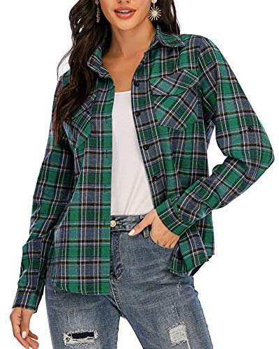 Enjoyoself Chemisier Carreaux Femme Chemise Bucheron Western 100% Coton Décontractée Classique Retro Ecossaise Coton Flanelle Blouse Gilet T Shirt Casual Vintage,L,Vert Bleu