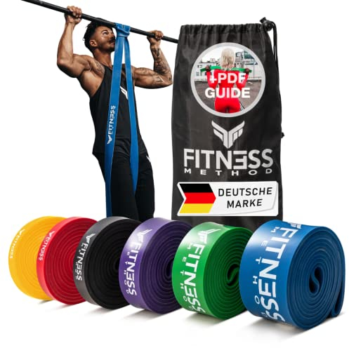 Fitness Method® Resistance Bands - Innovative Widerstandsbänder Set/Einzeln inkl. Tasche + Übungsanleitung-Krafttraining und Home Gym-Pull up Band (Bänder 6er Set Gelb,Rot,Schwarz,Lila,Grün,Blau)