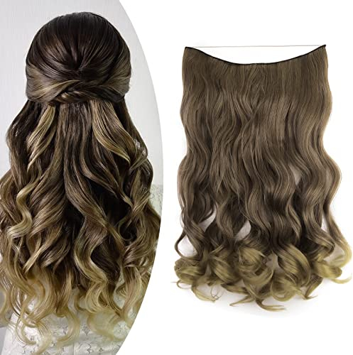 Gairyan Secret Hair Extensions mit Draht 45cm Haarteil mit Verstellbarer Unsichtbarer Synthetik Haare Invisible 1 Tresse Lange Gewellt Lockige Haarverlängerung Kunsthaar (Hellbraun T Naturblond)
