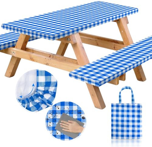 RNOONY Vinyl-Picknicktischabdeckung mit Bankabdeckungen und Tasche, wasserdichte Picknick-Tischdecke für den Außenbereich, mit elastischen Kanten, 244 x 76 cm, 3-teiliges Set (blau)