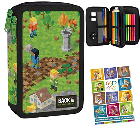 2-fache Federtasche Federmappe Federmäppchen 32-teilig gefüllte Schüleretui Stifte und Pinsel inkl. Aufgabenheft Federbox Etui Stiftetasche Schlamper-Etui Schul-Etui Game Pixel Motiv