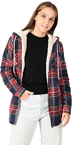 ZENTHACE Flanelljacke für Damen, Sherpa-Futter, kariert, Knopfleiste, Kapuze, Flanellhemd, Jacke, warme Jacke (Sherpa-Futter), Schottenkaro, Rot, Marineblau, M