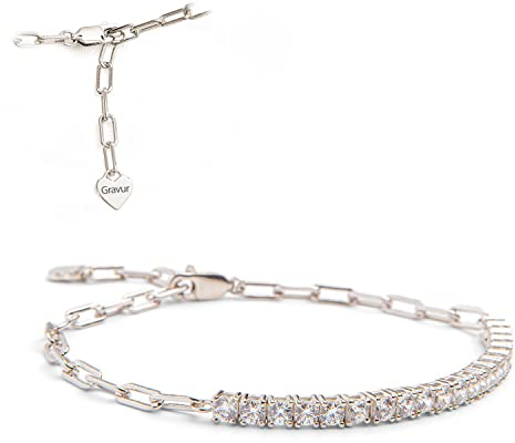 Amoonìc Damen Armband Silber 925 | Tennisarmband und Gliederarmband in einem | Personalisierbar mit gravierbarem Herzplättchen | Silberarmband für Frauen