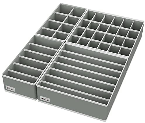 Vinsani Drawer Organiser Set of 4 Wardrobe Storage Dividers for Closet Undies Underwear Bra Socks Clothes Dresser Foldable Partitioned Cell Bedroom Storage Box – Light Grey