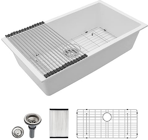 Dcolora 33 Quartz Granite Composite White Kitchen Sink Undermount Sink Deep Single Bowl, Round Corner, 33x19, DC-GU7750