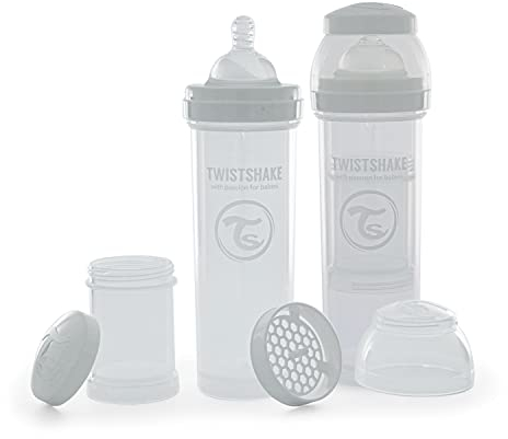 Twistshake 2x Biberón Anticólico Con Contenedor De Leche En Polvo Y Mezclador - 330ml | Tetina De Silicona De Flujo Rápido | Biberón Sin BPA | 4+ Meses | Blanco
