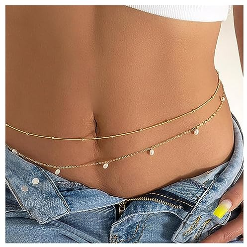 SURALIN 2 Stück Bauch Taille Kette Silber Set Bauchkette Silber Taillenkette Kette Belly Chain Quaste Pailletten Geschichtet Für Frauen Und Mädchen(Gold)