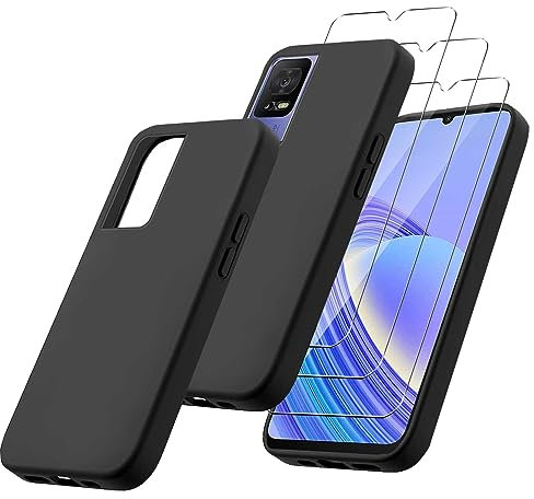 MIBZOR 4 in 1 Funda Compatible con TCL 40 SE (6.75) con 3 Piezas Vidrio Templado Protector de Pantalla Película Protectora, Negro Carcasa Silicona TPU Suave Caso Case