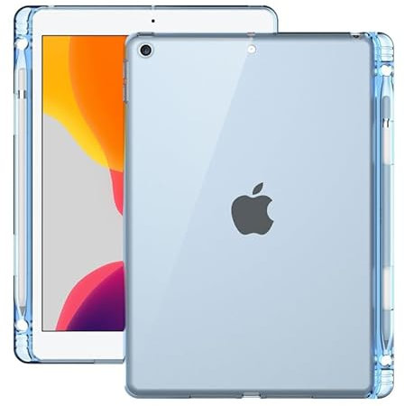 QYiiD Custodia trasparente per iPad 10.2 7a/8a/9a generazione 2021/2020/2019 con portapenne, assorbimento degli urti, cover trasparente e flessibile in silicone TPU, colore: blu trasparente