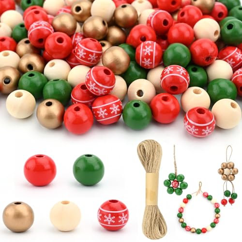 200 perlas de Navidad de madera, 16 mm, cuentas de madera de colores con cuerda de cáñamo de 10 m, color rojo, dorado, verde, natural, para manualidades, decoración de árbol de Navidad, guirnaldas de
