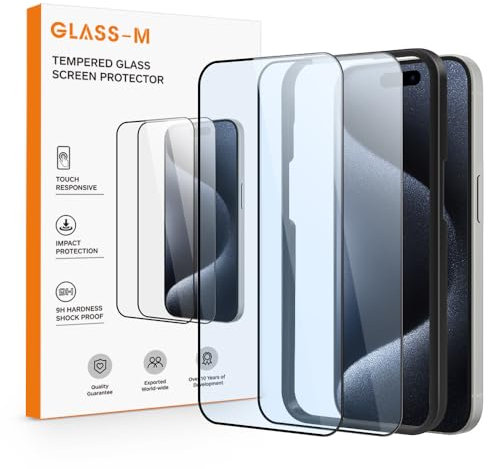 GLASS-M 2 Pack Anti Blue Light Screen Protector for iPhone 15 Pro, Full Coverage Tempered Glass Blue-light Block [Edge to Edge Protection] [Easy Install]