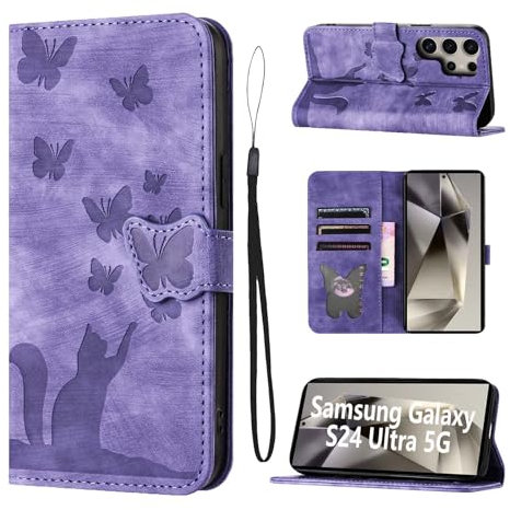 LSPCASA Handyhülle für Samsung Galaxy S24 Ultra 5G Pu Premium Leder mit Standfunktion Kartenschlitzen Flip Hülle kompatibel für Galaxy S24 Ultra Katzen Schmetterlingsmuster - Lila