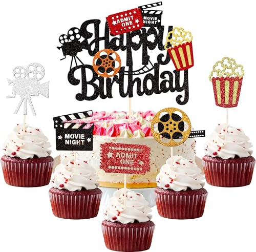 SYKYCTCY 31 Pack Movie Cupcake Toppers Happy Birthday Sign Cake Pick Decorations for Theater Video Recorder Roll Camera Popcorn Hollywood Theme Family Film Baby Shower Birthday Party Supplies