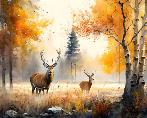 TISHIRON Hirsch Malen nach Zahlen Erwachsene, Bäume und Wildblumen Malen nach Zahlen, Malen nach Zahlen de Pinsel und Acrylfarbe, 16X20 Inch Flammen Blumen Malen nach Zahlen Erwachsene Familie