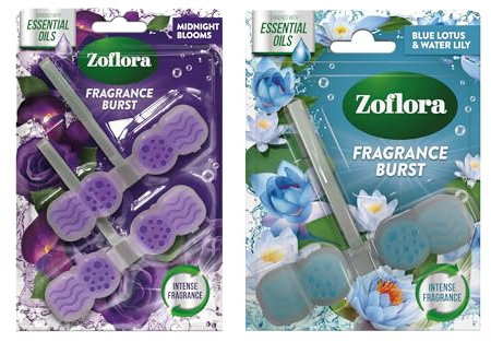 Bundle of Zoflora Midnight Blooms Toilet Rim Block (Pack of 2) + Zoflora Blue Lotus & Waterlily Toilet Rim Block (Pack of 1)