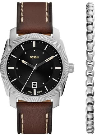 Fossil Herren Analog Quarz Uhr mit Leder Armband FS6081SET