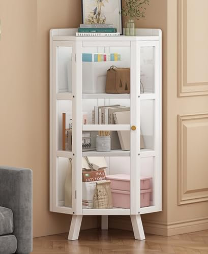 Eckschrank mit Acryltür, freistehend, hohe Vitrine für Wohnzimmer, Zuhause, Büro, Küche, Weiß, 4 Etagen, Regalständer