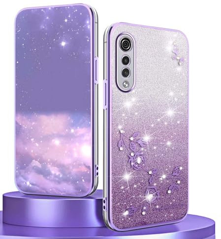 BORYA Silikon Hülle für LG Velvet 5G, Stoßfest Ultra Dünn Weiches TPU Handyhülle, Elegant Galvanisierter Glitzer Diamant Blumen Schutzhülle mit Gradient Karte, Lila