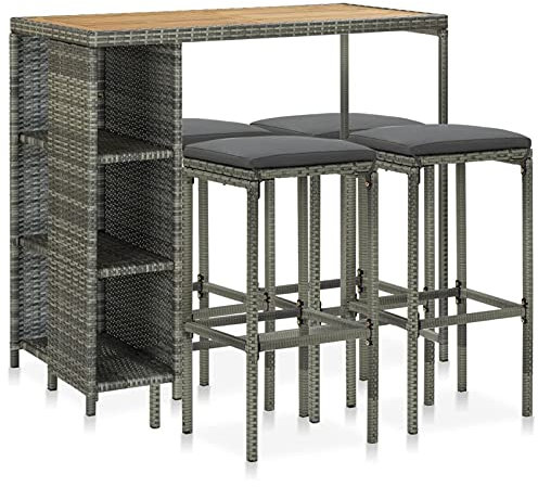 Brokky 5-TLG. Gartenbar-Set mit Kissen Poly Rattan Grau Bartisch Mit Barhocker Set Bartisch Mit StüHlen Bar Theke Tresen - 3064917