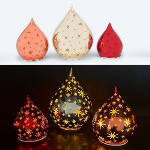 3 Deko Glastropfen mit LED Lichterkette, Sternen, Leuchteffekten und Timerfunktion - Stimmungslicht, Weihnachtsdeko (Rot/Gold)