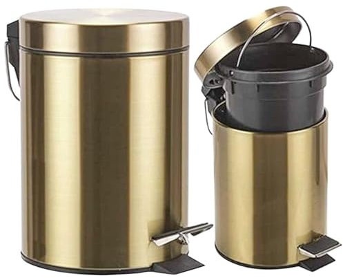 Suprano 3L Matel Stainless Steel Round Dustbin Heavy Duty Bin with Self-closing lid Kitchen Bathroom Bedroom Rubbish Waste Inner Basket (Golden)
