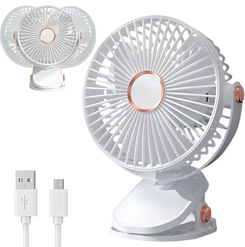 AHYDFSR USB Tischventilator, 360° Drehung Tragbarer Clip Ventilator, 3 Geschwindigkeiten, USB wiederaufladbar mit LED-Lichtern, Leise Tischventilator für den Schreibtisch, Zuhause und Büro, Weiß
