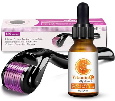 Vitamina C Serum Microneedling Set Derma Roller per viso 0,5 mm con vitamina C siero, 540 Titanium Dermaroller