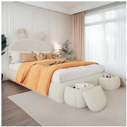 Wyibwy Letto matrimoniale,140x200cm,letto contenitore idraulico,orecchie di coniglio con luci,due panche contenitore,letto per bambini,imbottito,velluto,bianco(senza materasso)