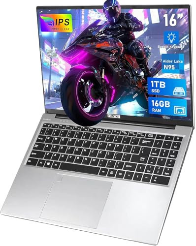 FUNYET Computer Portatile da 16, PC Portatile 16GB RAM 1TB SSD, Win 11 Pro, Laptop N95 CPU 1920 × 1200P IPS FHD Schermo USB Bluetooth Mini HDMI WiFi Tastiera Retroilluminata
