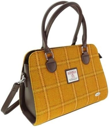 SCOTTISH ESSENCE Harris Tweed Midi Tote Bag, Mustard Yellow with Brown Leather Handles, Wool Tartan Check Pattern