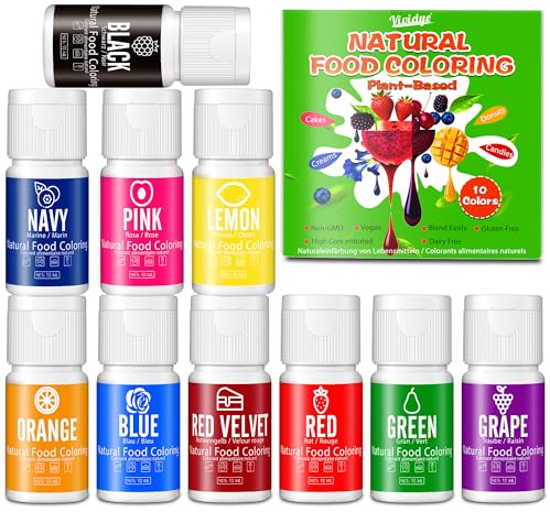 Natürliche Lebensmittelfarbe - 10x10ml Bio Lebensmittelfarben - Frei von Künstlichen Farbstoffen, Glutenfrei, Vegan, 100% Pflanzliche Flüssig Lebensmittelfarbe zum Backen, Kuchen, Fondant & Basteln