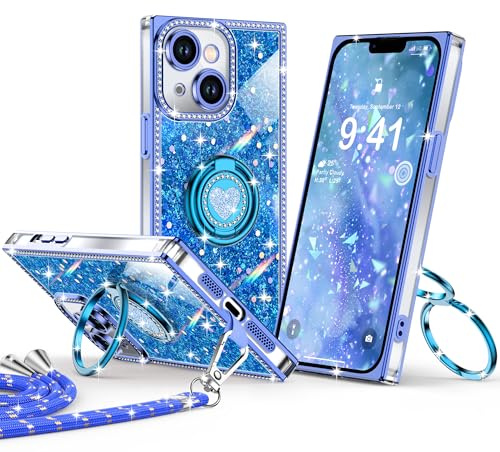 XYZ for iPhone 13 Case, Glitter Bling Phone Cover with 2-Ring Heart Stand & Lanyard, Women Girls Luxury Rhinestone Shockproof Protective Case for iPhone 13, Blue
