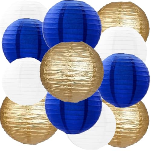 We Moment Zone 12 Stück Papier Lampions Blau Gold Runde Papierlaterne Papier Laterne für Lampenschirm Deko, Geburtstagsfeier,Hochzeitsdekorationen，Gartenparty Deko