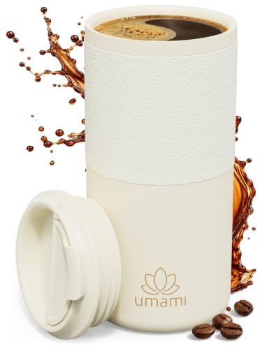 Umami Mug Isotherme Cafe/The, Acier Inoxydable, 100% Étanche Crème | Tasse Isotherme Voyage Inox Double Paroi, 6h Chaud - 12h Froid, Adapté Porte-Gobelets Voiture, Revêtement Antidérapant 550ml