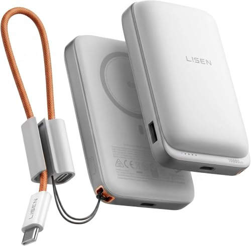 LISEN Qi2.2 25W MagSafe Powerbank, Power Bank 45W PD Schnellladen &10000mah Flugzulassung, Robuster Zylindrische Zellen, Removable USB-C Cable für iPhone 17 Pro Max/16/15（Schneeweiß）