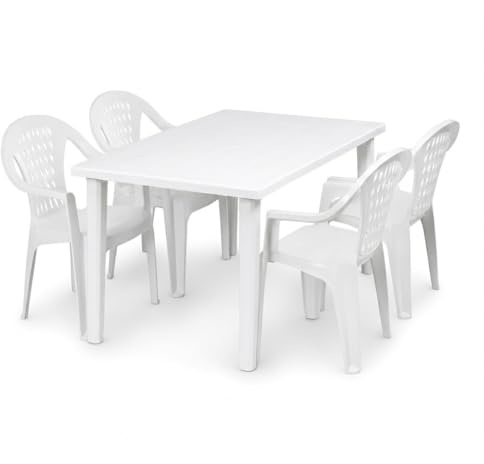 Tomaino - Mesa y sillas de jardín de plástico -Set Marshall 4 o 6 plazas – Mesa rectangular - Sillas apilables con reposabrazos para exterior de polipropileno - Terraza, balcón, bar (4, blanco)