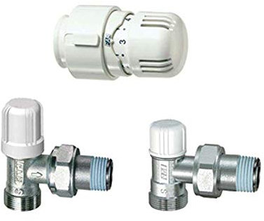 Kit valvola + detentore a squadra + testa termostatica attacco rame 3/8