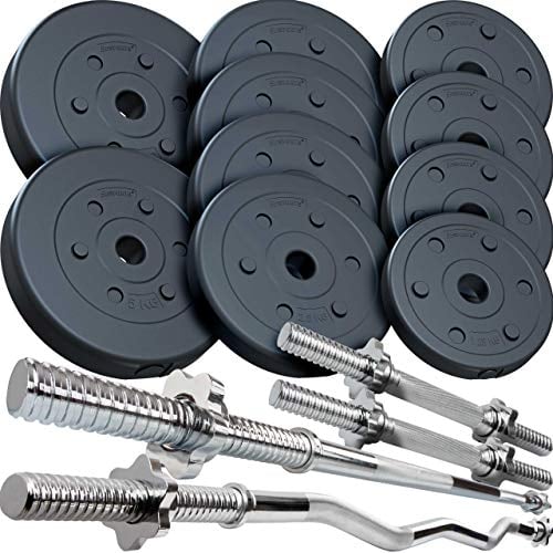 ScSPORTS® Hantelset - 2 Kurzhanteln, Langhantel, SZ Stange, max. Belastbarkeit 50/110/120/150 kg, Ø31mm, Hantelscheiben, Kunststoff, Schwarz - Gewichtsset (25 kg (2x5 + 4x2,5 + 4x1,25))