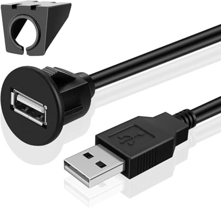 TNP USB Einbaubuchse Kabel - 1m, Kfz USB Einbau Buchse Kabel, USB Verlängerungskabel, runder USB Armaturenbrett Kabel, Stecker auf Buchse Adapter für Auto, LKW, Boot, Motorrad, schwarz