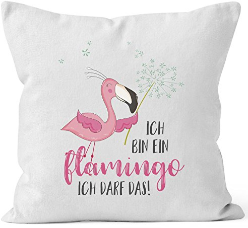 MoonWorks Kissen-Bezug Flamingo Ich Bin EIN Flamingo ich darf das Spruch Pusteblume Kissen-Hülle Deko-Kissen Baumwolle weiß-pink Unisize